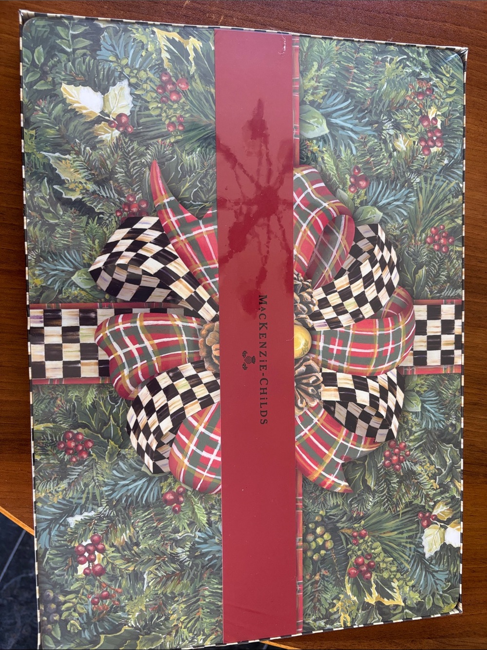 MacKenzie-Childs Green, Red, Black & White Plaid Bow Gift Box
